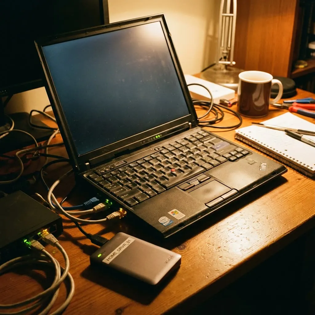 Portátil y discos de un servidor casero sobre una mesa