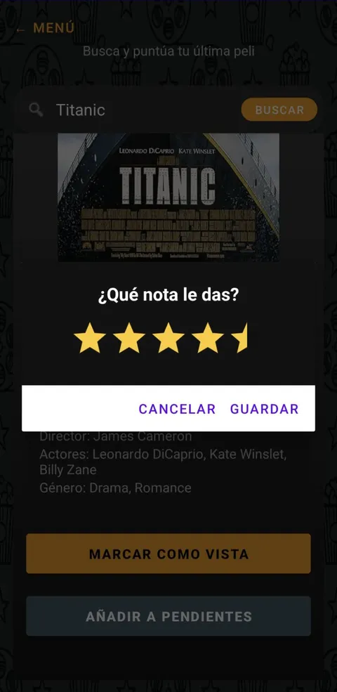 Ventana para puntuar la película con estrellas